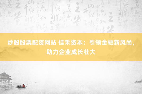 炒股股票配资网站 佳禾资本：引领金融新风尚，助力企业成长壮大